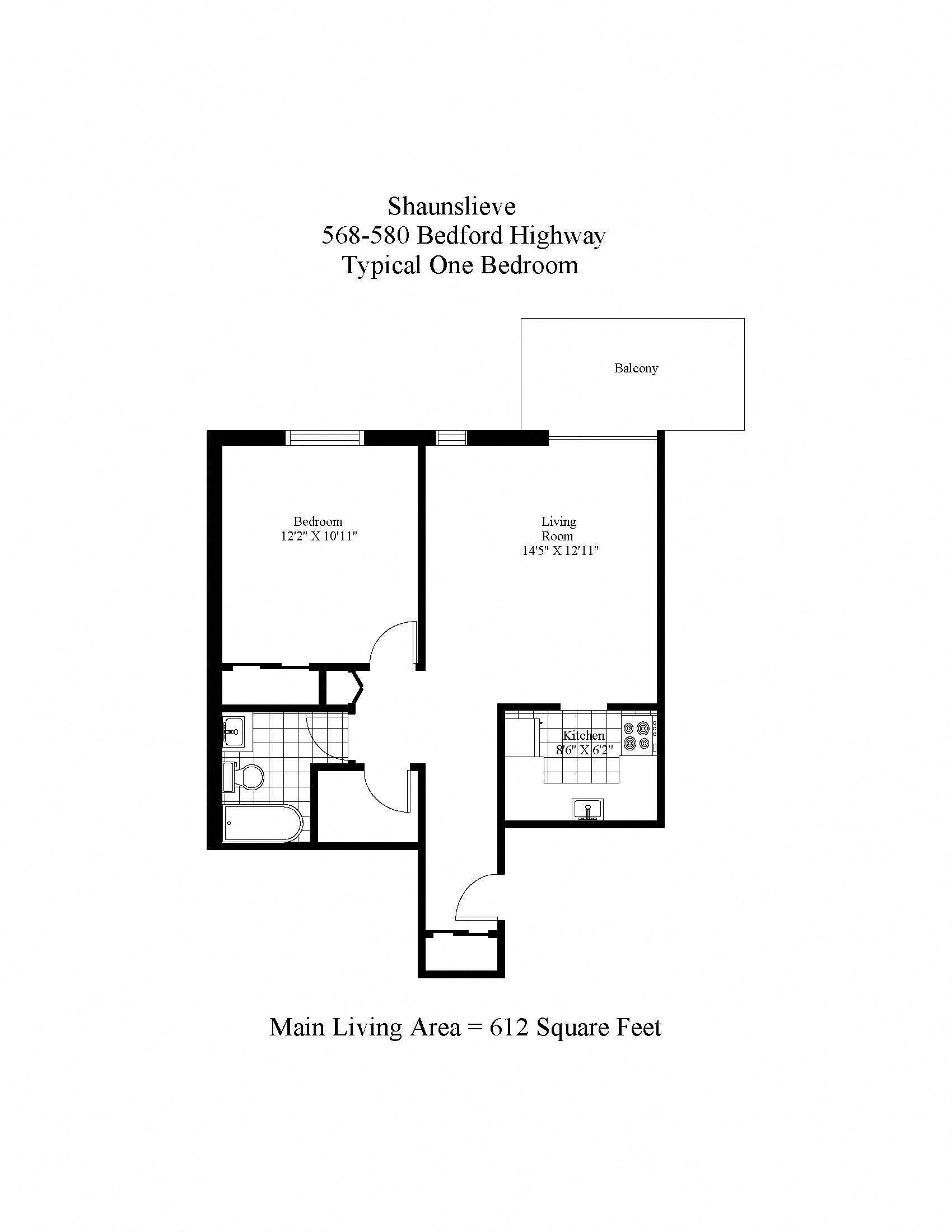 Floor plan for 1 bed, 1 bath, 612 sqft